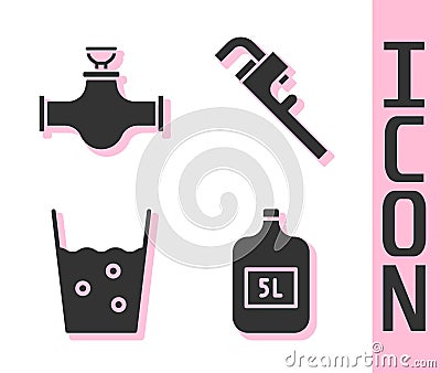 Set Big bottle with clean water, Industry pipe and valve, Glass with water and Pipe adjustable wrench icon. Vector Vector Illustration