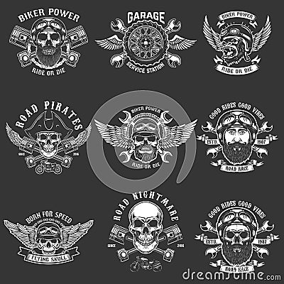 Set of biker club emblem templates. Vintage motorcycle labels. Design element for logo, label, emblem, sign. Vector Illustration