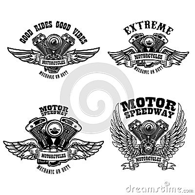 Set of biker emblem templates with winged motorcycle engines. Design element for logo, label, emblem, sign, poster, t shirt Vector Illustration