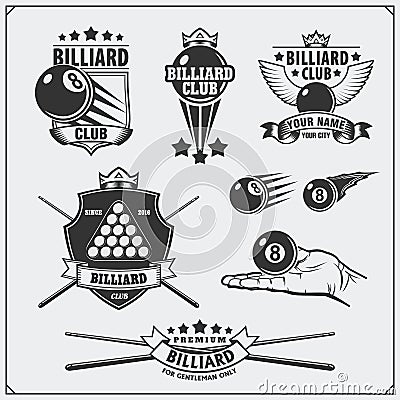 Set of billiards labels, emblems, badges, icons and design elements. Vector Illustration