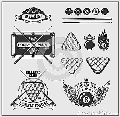 Set of billiards labels, emblems and design elements. Vector Illustration