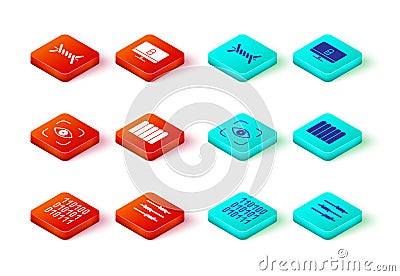 Set Binary code, Barbed wire, Eye scan, Garden fence wooden, Lock on computer monitor and icon. Vector Stock Photo