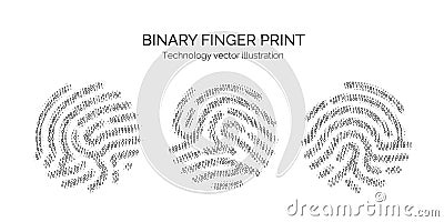 Set of binary code fingerprint on white backgroun. Digital key for software identification. Biometric id. Fingerprint scanner in Vector Illustration