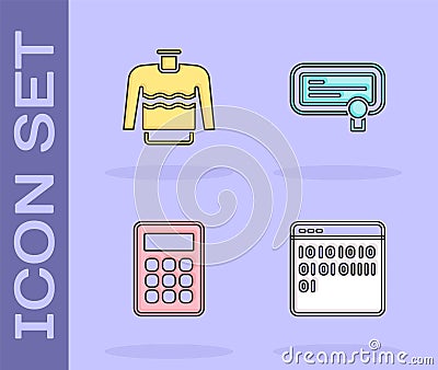 Set Binary code, Sweater, Calculator and Certificate template icon. Vector Vector Illustration