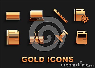 Set Binder clip, Document settings with gears, File document, Push pin, Ruler, Laptop and icon. Vector Vector Illustration