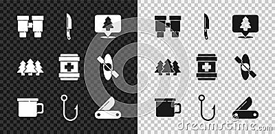 Set Binoculars, Knife, Location of the forest, Camping metal mug, Fishing hook, Swiss army knife, Forest and First aid Vector Illustration
