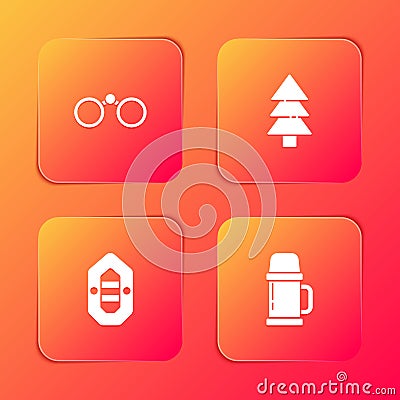 Set Binoculars, Tree, Rafting boat and Thermos container icon. Vector Vector Illustration