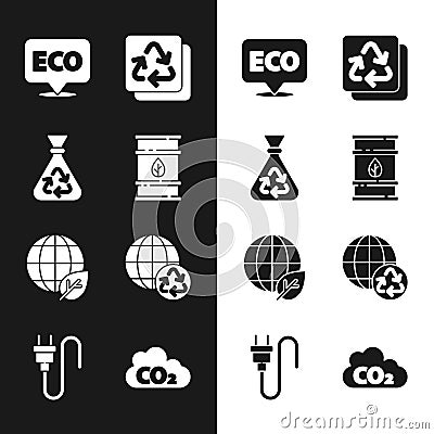 Set Bio fuel barrel, Garbage bag with recycle, Label for eco healthy food, Recycle, Earth globe and leaf, Planet earth Vector Illustration