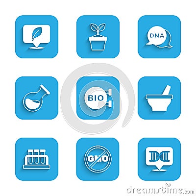 Set Bio healthy food, No GMO, DNA symbol, Mortar and pestle, Test tube flask, and Location with leaf icon. Vector Stock Photo
