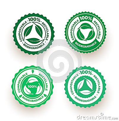 Set of biodegradable and compostable recyclable icon. 100 percent bio recyclable package green leaf logo design. Vector Cartoon Illustration