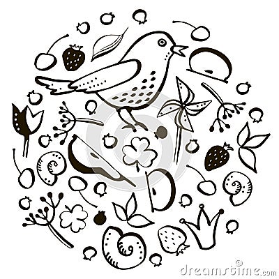 Set bird and berry Vector Illustration