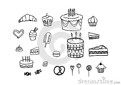 Set of Birthday Cakes, Candy and Pastry in Vector Icon Silhouettes Vector Illustration