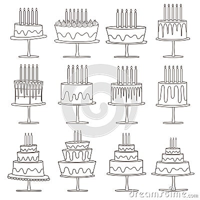 Set of birthday cakes, Sweet collection on white background. Vector Illustration