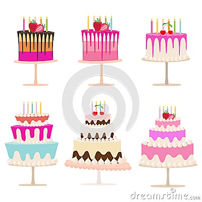 Set of birthday cakes, Sweet collection on white background. Vector Illustration