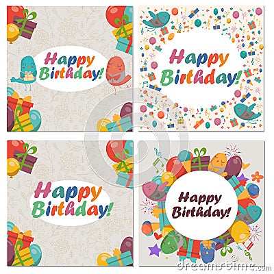 Set of Birthday card with cute birds,flowers and balloons,Ice Cream gifts. Vector Illustration