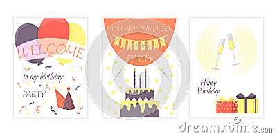 Set of birthday cards with a cake, glasses of champagne, balloons. Vector illustration. Vector Illustration