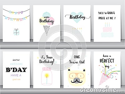 Set of birthday cards,invitation,poster,greeting,template,animals,cake,candle,poper,Vector illustrations Vector Illustration