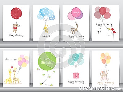 Set of birthday cards,poster,template,greeting cards,sweet,balloons,animals,Vector illustrations Vector Illustration
