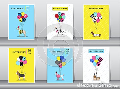 Set of birthday cards,vintage color,poster,template,greeting cards,balloons,animals,dogs,Vector illustrations Vector Illustration