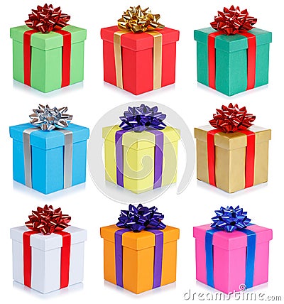 Set of birthday gifts christmas presents portrait format boxes isolated on white background Stock Photo