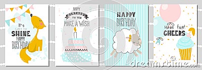 Set of Birthday greeting cards and party invitation templates with cute fox,sheep and cake. Vector illustration Cartoon Illustration