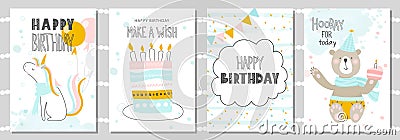 Set of Birthday greeting cards and party invitation templates with cute unicorn, bear and cake. Vector illustration Cartoon Illustration