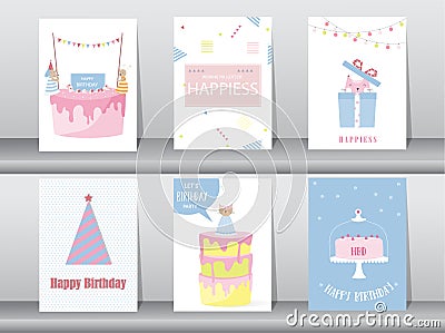 Set of birthday invitations cards,poster,greeting,template,cat,cake,rabbit,Vector illustrations Vector Illustration