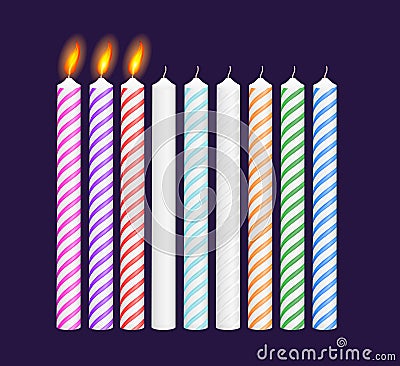 Set of birthday multicolored candles. New, burning Vector Illustration