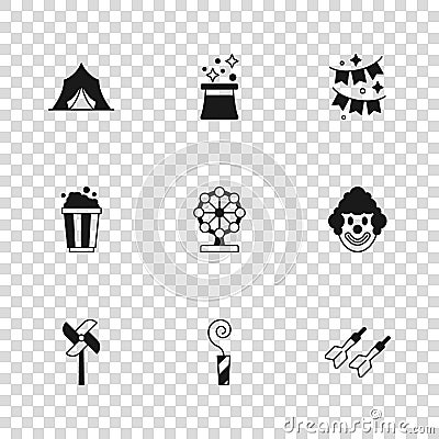 Set Birthday party horn, Clown head, Dart arrow, Ferris wheel, Carnival garland with flags, Circus tent, Magician hat Stock Photo