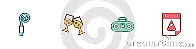 Set Birthday party horn, Glass of champagne, Home stereo with two speakers and Calendar icon. Vector Vector Illustration