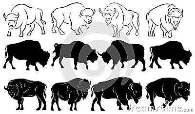 Set of bison. Collection of stylized bison silhouettes. Black and white illustration of a large horned animal. Tattoo. Vector Illustration