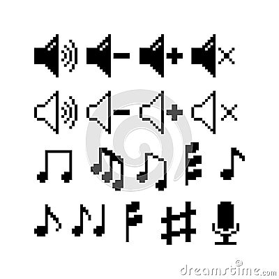 Set of 8-bit pixel graphics icons. Isolated vector illustration. Game art. black and white image, note, sound, volume level Cartoon Illustration