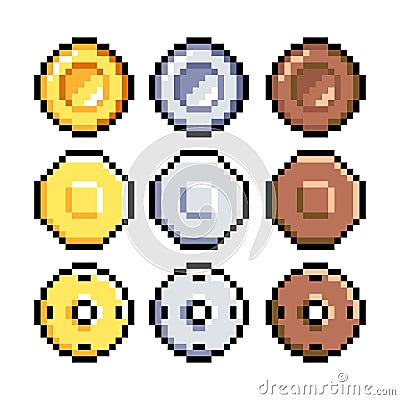 Set of 8-bit pixel graphics icons. Isolated vector illustration. Game art. coins of bronze, gold, silver Cartoon Illustration