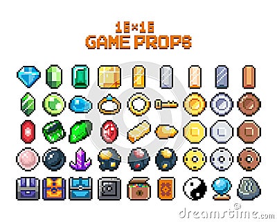 Set of 8-bit pixel graphics icons. Isolated vector illustration. Game art. jewelry, jewelry, chests, diamonds, gold Cartoon Illustration
