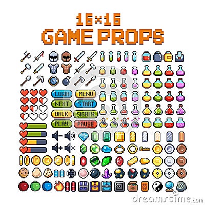 Set of 8-bit pixel graphics icons. Isolated vector illustration. Game art. Weapons, jewelry, potions, chests Cartoon Illustration