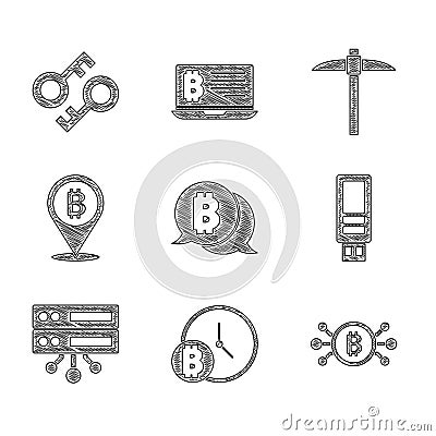 Set Bitcoin, with clock, circuit, USB flash drive, Server, Pickaxe and Cryptocurrency key icon. Vector Vector Illustration