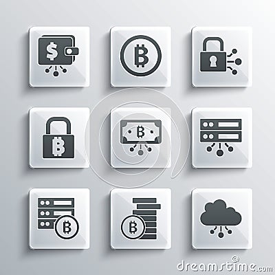 Set Bitcoin, Cryptocurrency cloud mining, Server, with circuit, bitcoin, Lock, wallet and icon. Vector Stock Photo