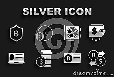 Set Bitcoin, Cryptocurrency wallet, exchange, Credit card with bitcoin, Mining from laptop, Video graphic, Shield and Vector Illustration