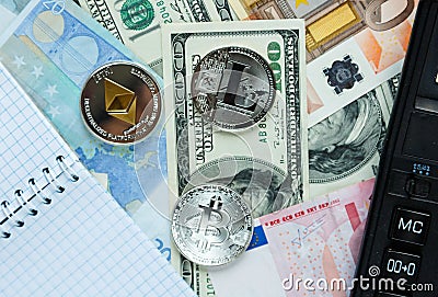 Set of bitcoin, ethereum - crypto currency next to notepad on real money background. Time is money. Internet e-commerce, security Editorial Stock Photo