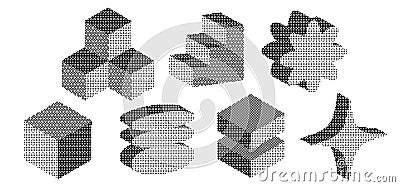 Set of bitmap pixelated volumetric geometric figures. Retro halftone colorful shapes. Colorful Geometric Block flat y2k Vector Illustration