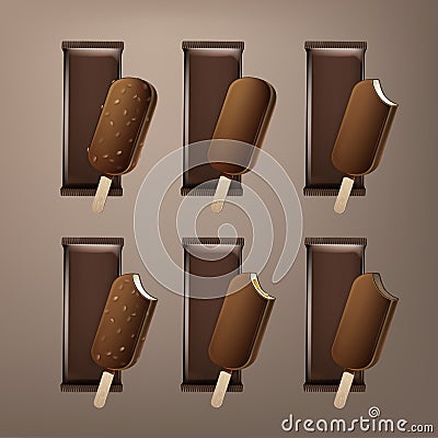 Set of Bitten Popsicle Choc-ice Lollipop Ice Cream in Chocolate Glaze on Stick with Filling and Nuts Vector Illustration