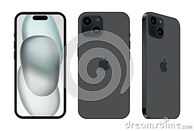 Set of Black Apple iPhone 15 mobile phone in different sides, on white background, vector illustration. The iPhone 15 and iPhone Vector Illustration
