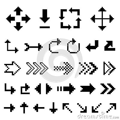 Set of black arrow directions pixel art Vector Illustration