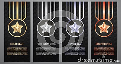 Set of black banner, Gold, platinum,silver and bronze star, Vector illustration. Vector Illustration