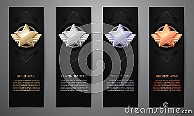 Set of black banners, Gold, platinum,silver and bronze star, Vector illustration.l Cartoon Illustration