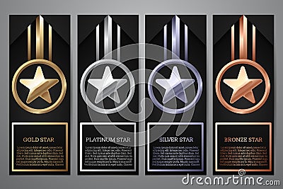 Set of black banners, Gold, platinum,silver and bronze star, Vector illustration.l Vector Illustration