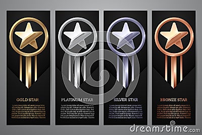 Set of black banners, Gold, platinum,silver and bronze star, Vector illustration.l Cartoon Illustration