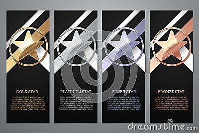 Set of black banners, Gold, platinum,silver and bronze star, Vector illustration.l Cartoon Illustration