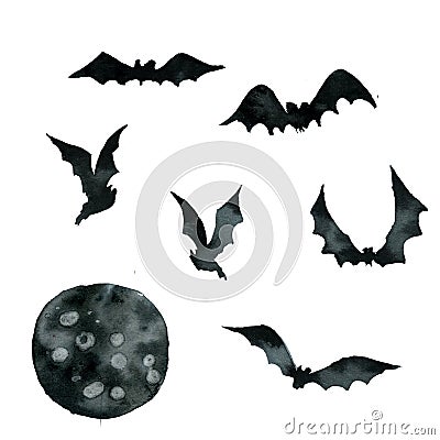 Set of black bats in different poses, moon Cartoon Illustration