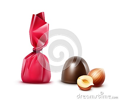 Set of Black Bitter Chocolate with Hazelnuts in Pink Foil Vector Illustration